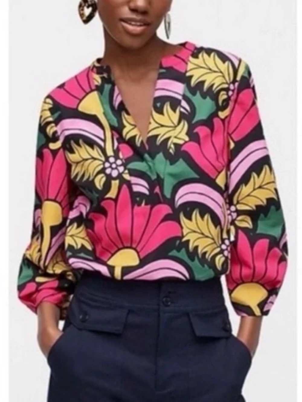 Floral V-Neck Peplum Top - Magenta, Mustard & Green